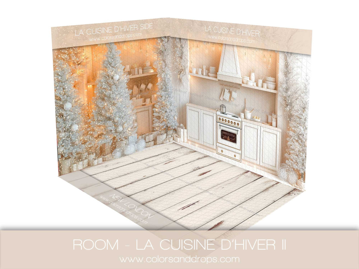 Fond photo d'angle de Noël La Cuisine D'Hiver II – cuisine d'hiver blanche et sapins | Colors&Drops