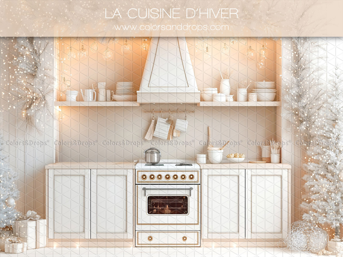 Fond photo de Noël La Cuisine D'Hiver – cuisine d'hiver blanche avec sapins blancs | Colors&Drops