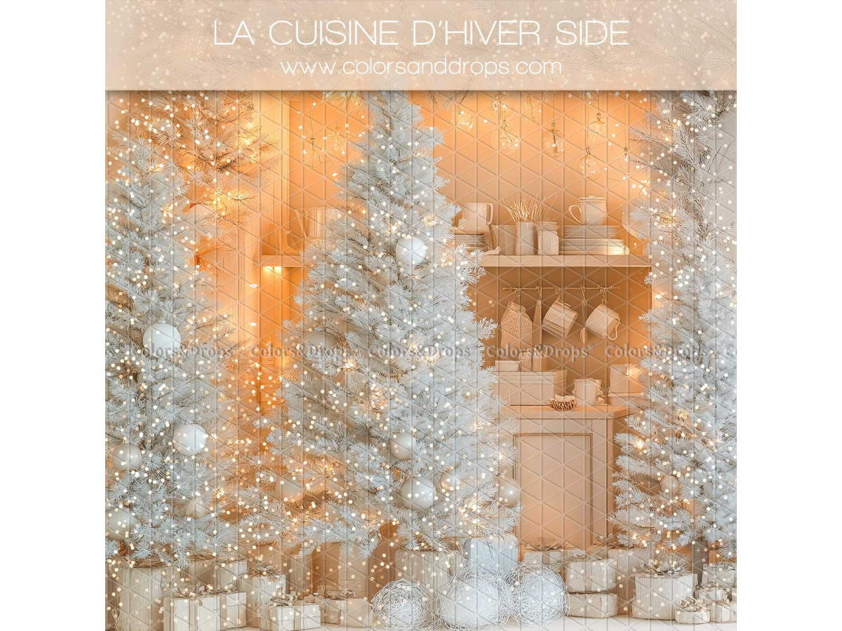 Christmas side photo backdrop La Cuisine D'Hiver Side – snowy white fir trees in front of white kitchen | Colors&Drops