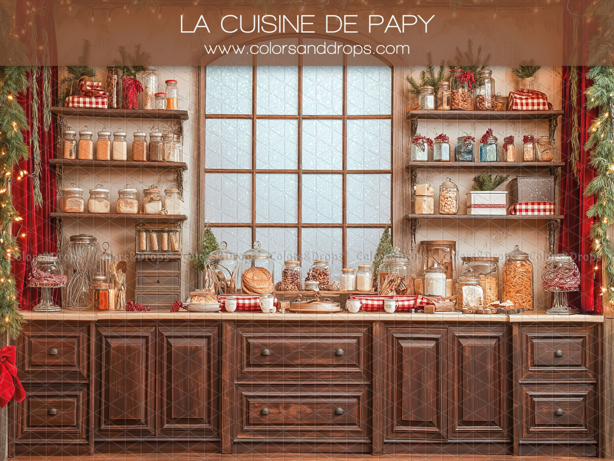 Fondo fotográfico de Navidad La Cuisine de Papy – cocina de madera oscura con ventana y estantes | Colors&Drops