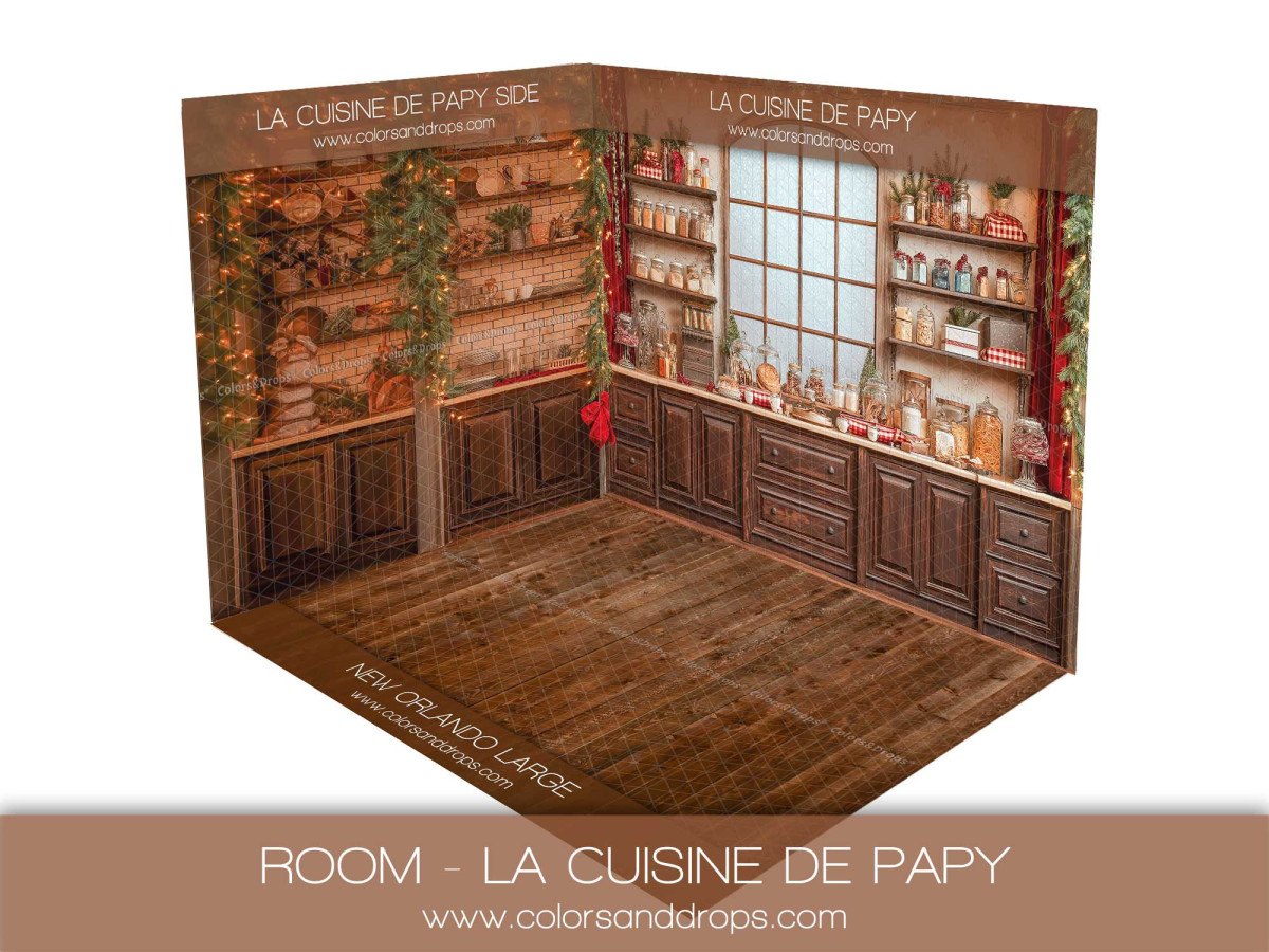 Fondo fotográfico de esquina de Navidad La Cuisine de Papy – cocina de madera oscura | Colors&Drops