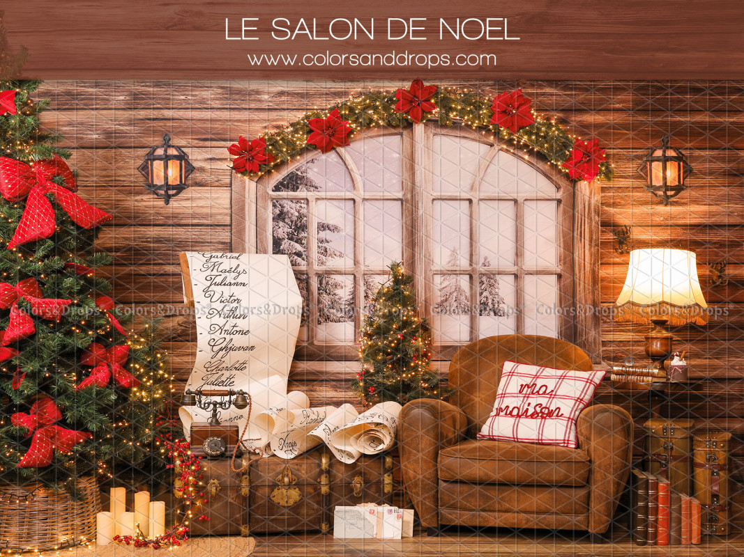 Fondo fotográfico Le Salon de Noel – salón navideño de madera con sillón y ventana | Colors&Drops