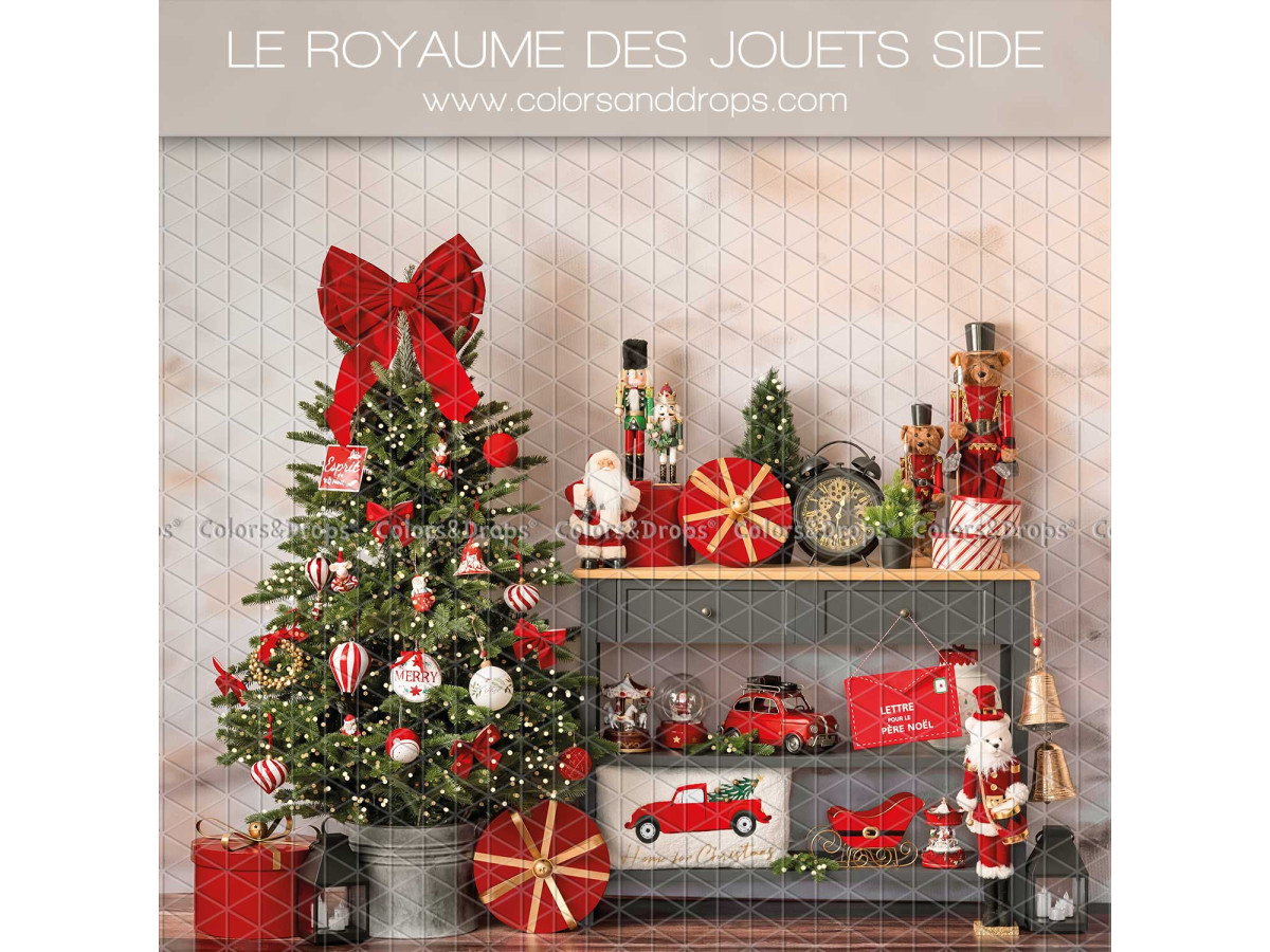 Fondo fotográfico lateral de Navidad Le Royaume des Jouets Side – abeto y estantería de juguetes navideños | Colors&Drops