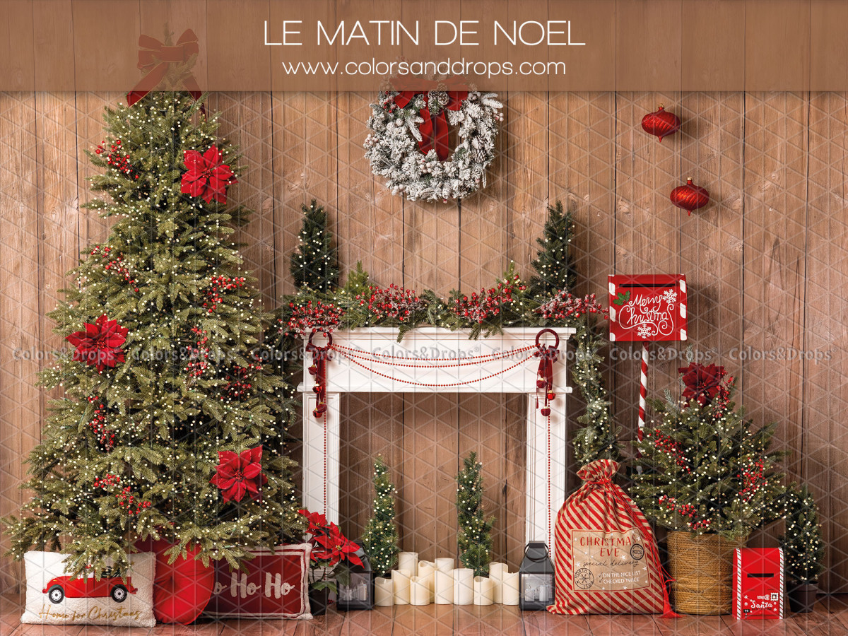Photo backdrop Le Matin de Noel – white fireplace with tree and poinsettias | Colors&Drops