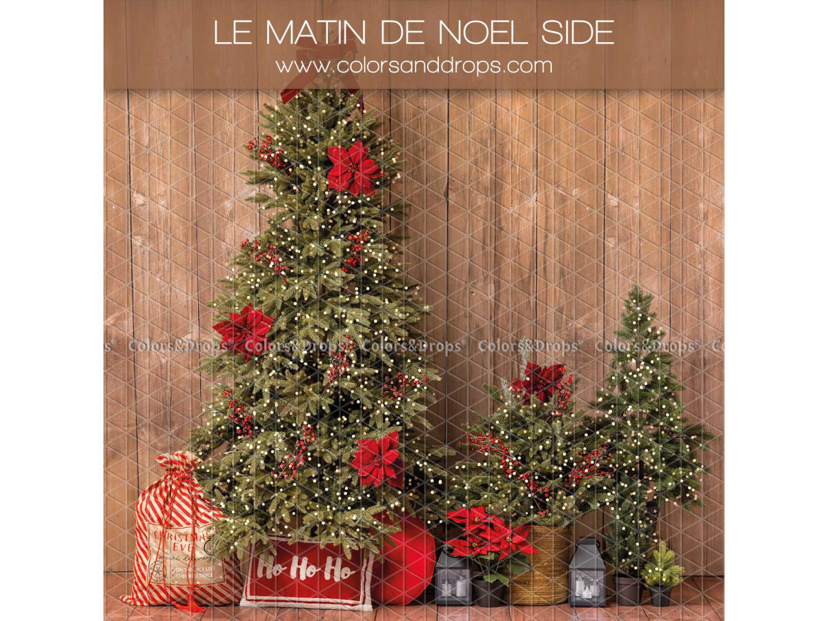 Side photo backdrop Le Matin de Noel Side – Christmas tree with poinsettias on wooden wall | Colors&Drops