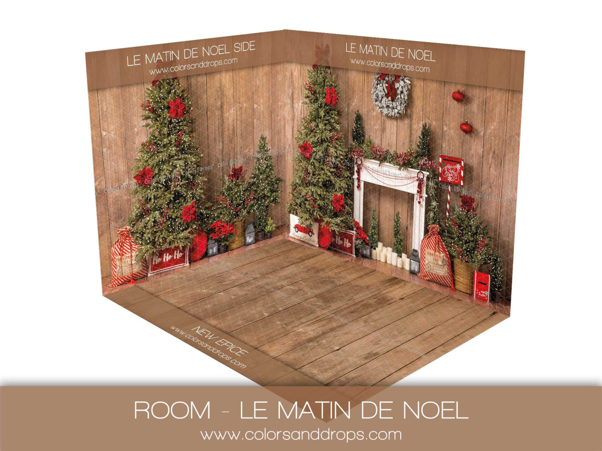 Corner photo backdrop Le Matin de Noel – fireplace and trees on wood | Colors&Drops