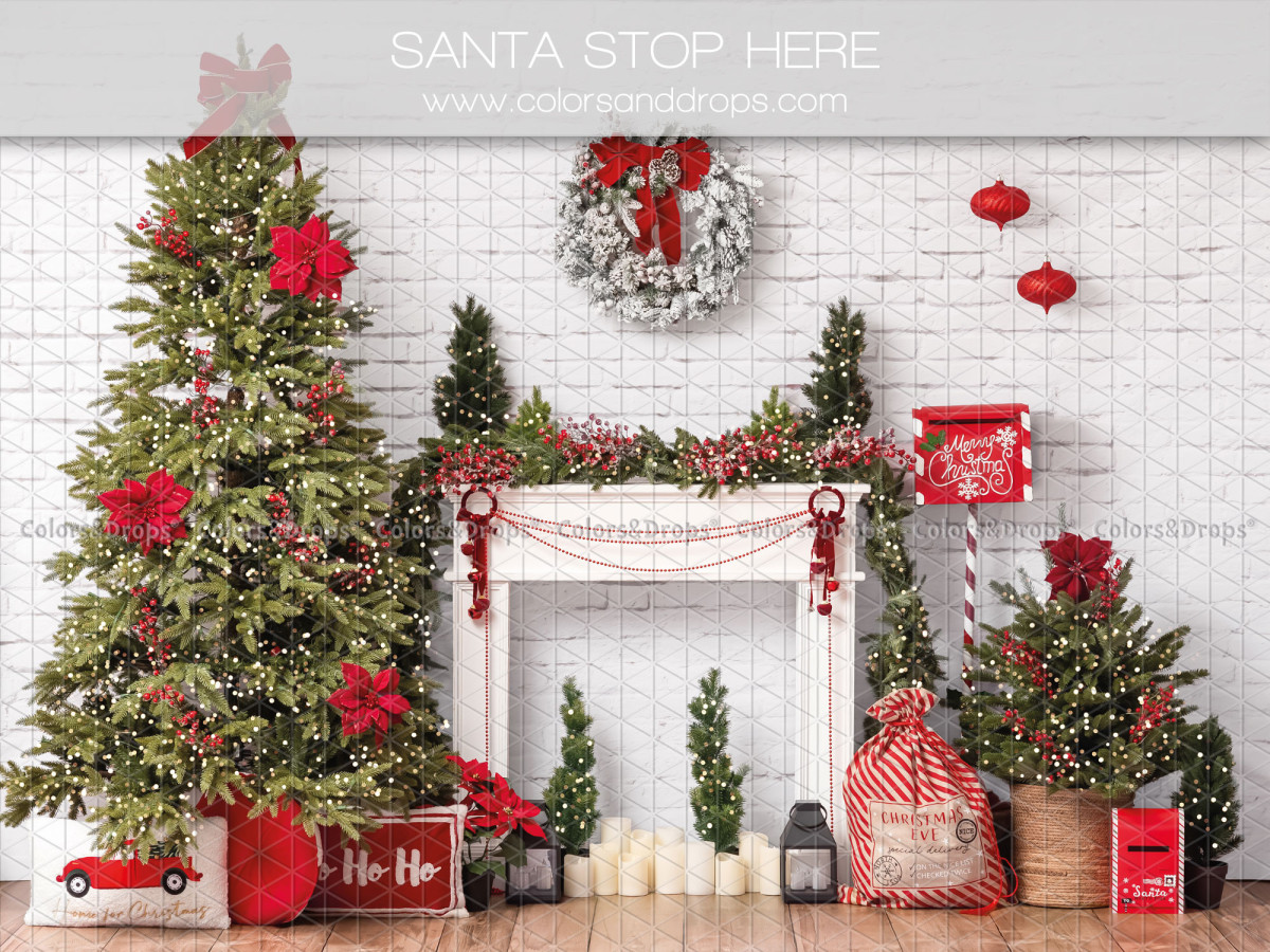 Christmas photo backdrop Santa Stop Here – white fireplace and tree on white brick wall | Colors&Drops