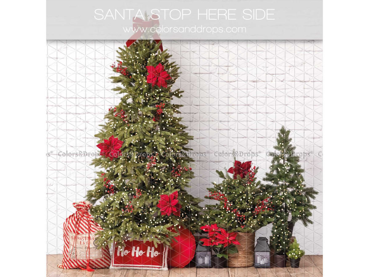 Christmas side photo backdrop Santa Stop Here Side – Christmas tree with poinsettias on white brick wall | Colors&Drops