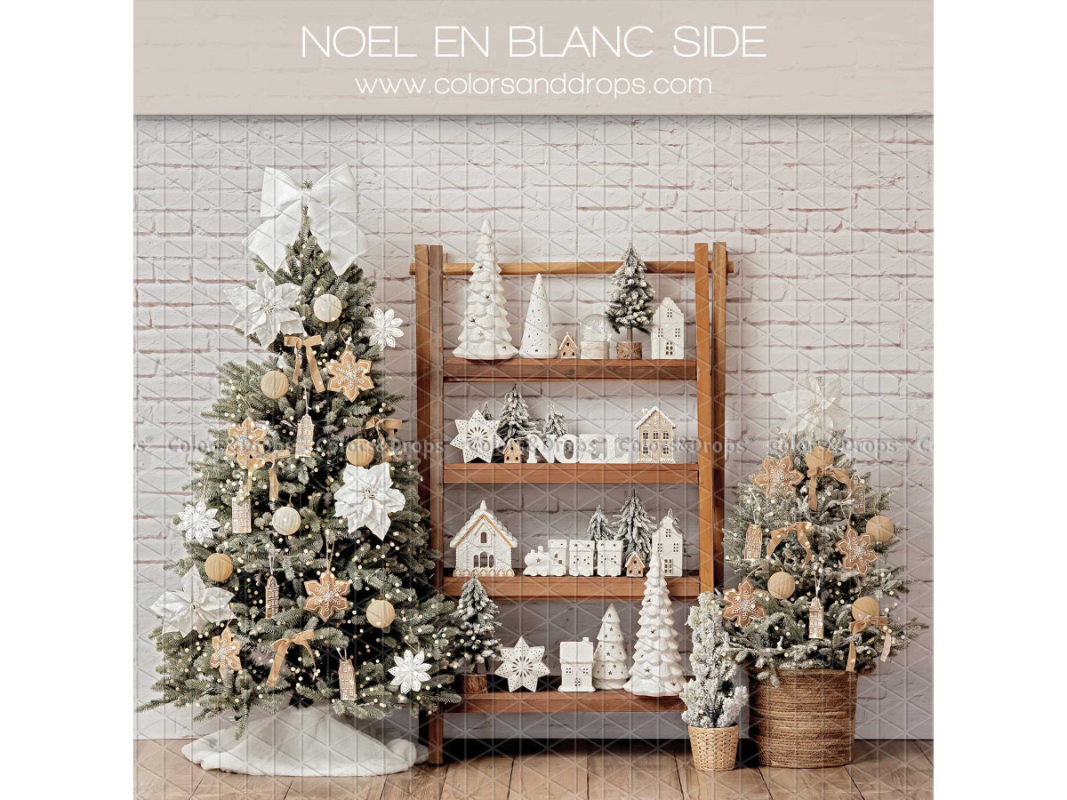 Side photo backdrop Noel en Blanc Side – white-decorated fir tree and wooden shelf | Colors&Drops
