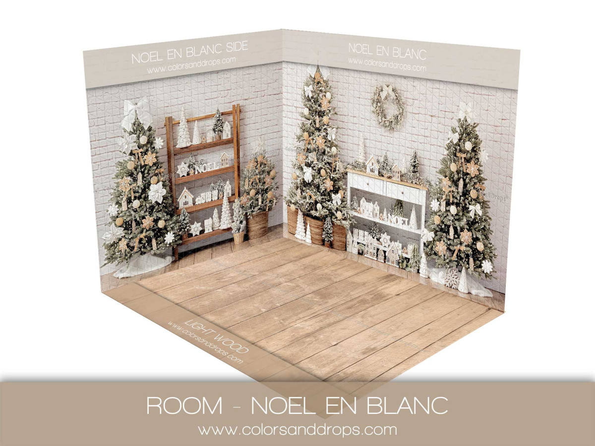 Fondo fotográfico de esquina Noel en Blanc – abetos decorados en blanco y consola sobre ladrillo blanco con | Colors&Drops