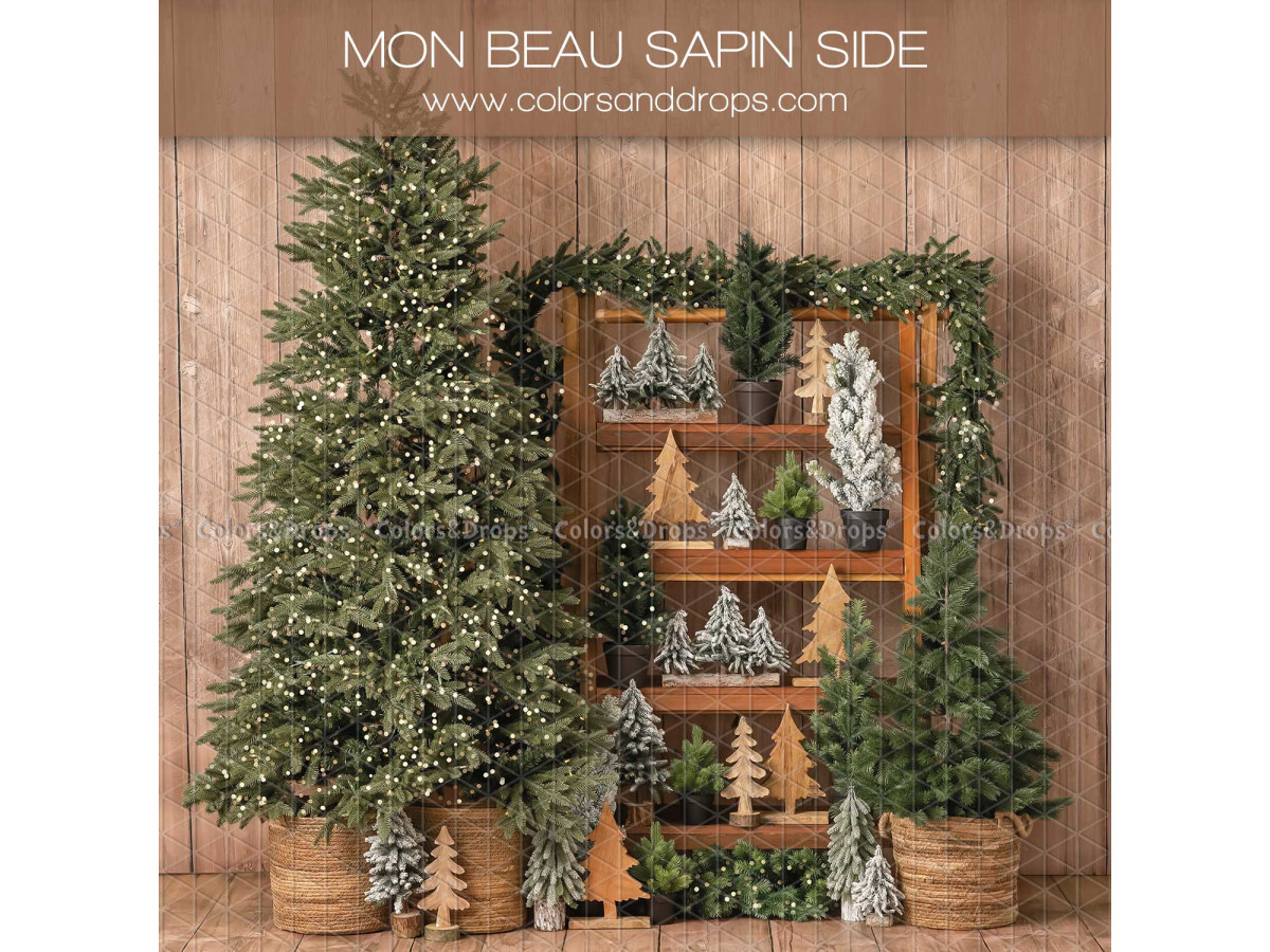 Fond photo latéral de Noël Mon Beau Sapin Side – grand sapin et étagère de petits sapins | Colors&Drops