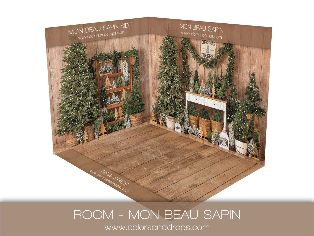 Fondo fotográfico de esquina de Navidad Mon Beau Sapin – abetos y consola blanca sobre pared de madera con | Colors&Drops