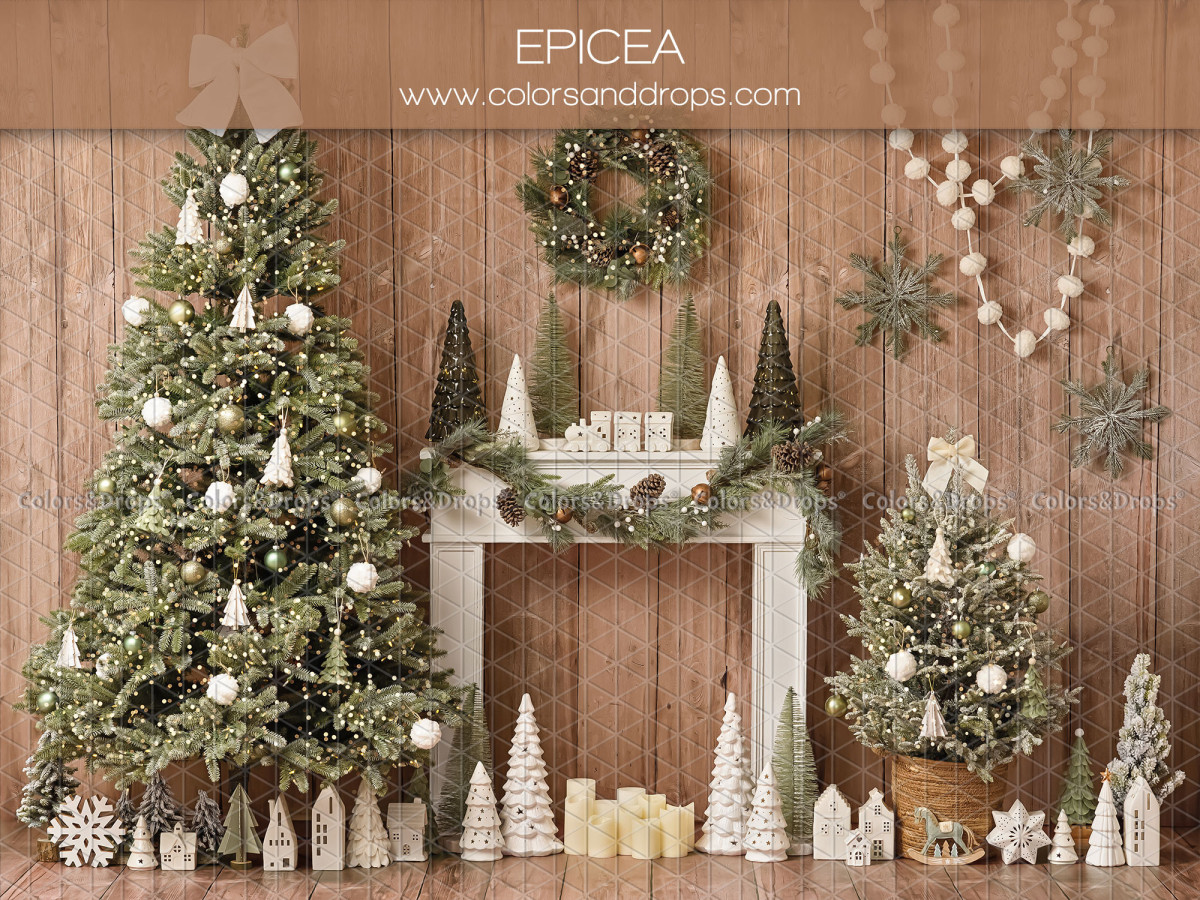 Fondo fotográfico de Navidad Epicea – chimenea blanca con abetos sobre pared de madera | Colors&Drops