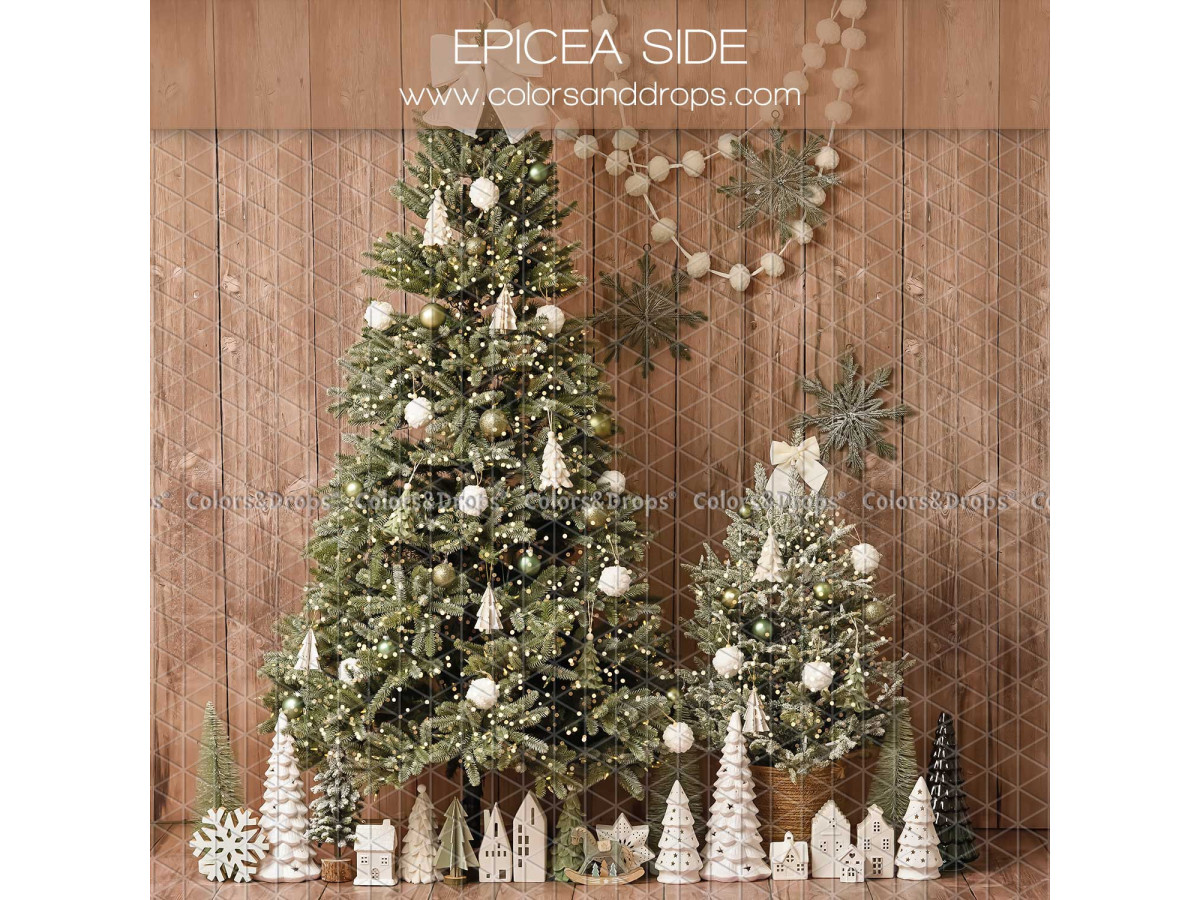 Fondo fotográfico lateral de Navidad Epiceaside – abetos decorados en blanco sobre pared de madera | Colors&Drops