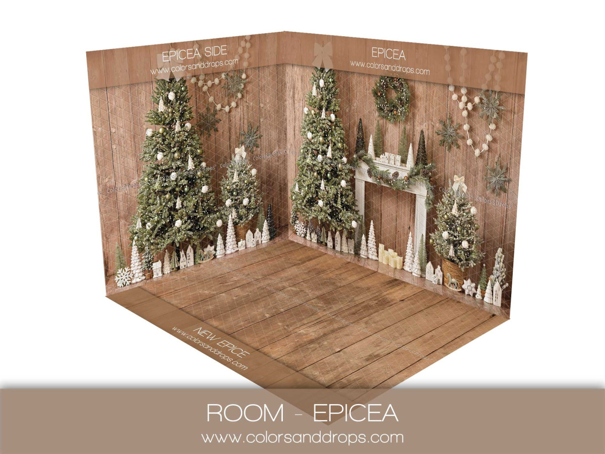 Fond photo d'angle de Noël Epicea – cheminée et sapins sur bois | Colors&Drops