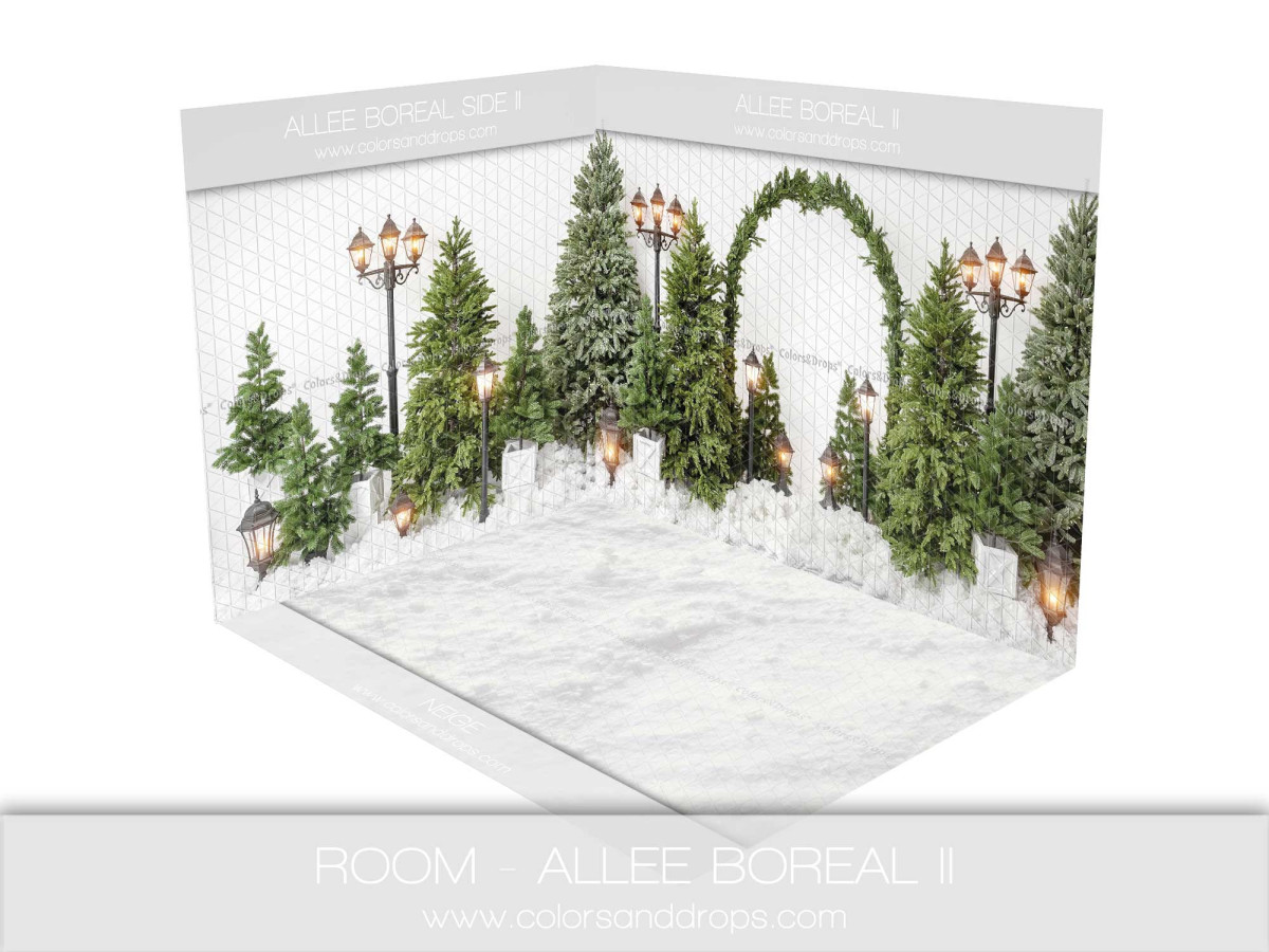 Fond photo d'angle de Noël Allee Boreal II – allée de sapins et réverbères | Colors&Drops