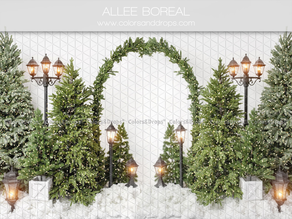 Christmas photo backdrop Allee Boreal – greenery arch with fir trees and street lamps | Colors&Drops