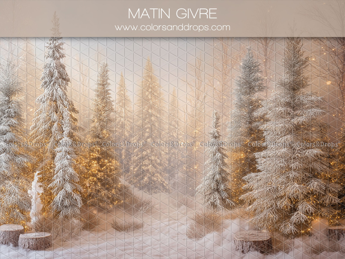 Christmas photo backdrop Matin Givre – frosty fir forest at sunrise | Colors&Drops