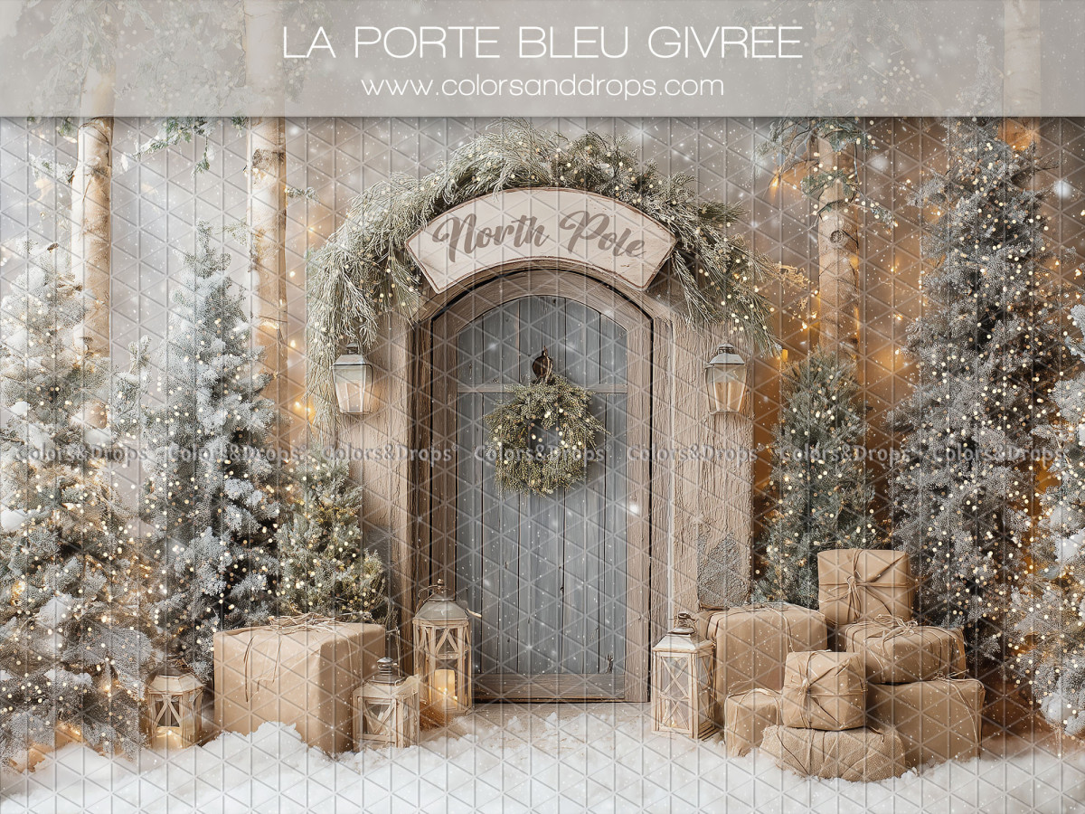 Fondo fotográfico de Navidad La Porte Bleu Givree – puerta azul helada del Polo Norte con regalos | Colors&Drops