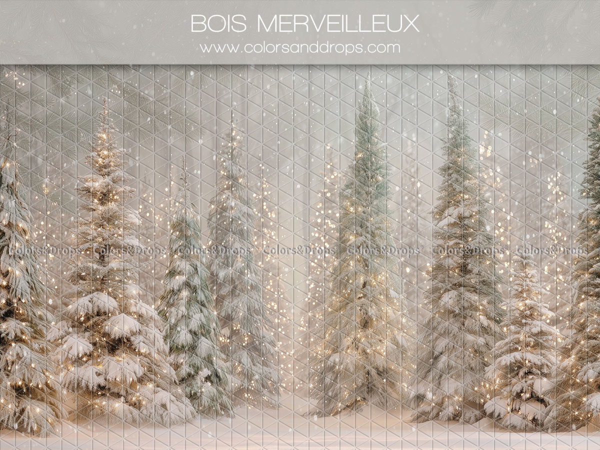 Christmas photo backdrop Bois Merveilleux – snowy illuminated fir forest | Colors&Drops