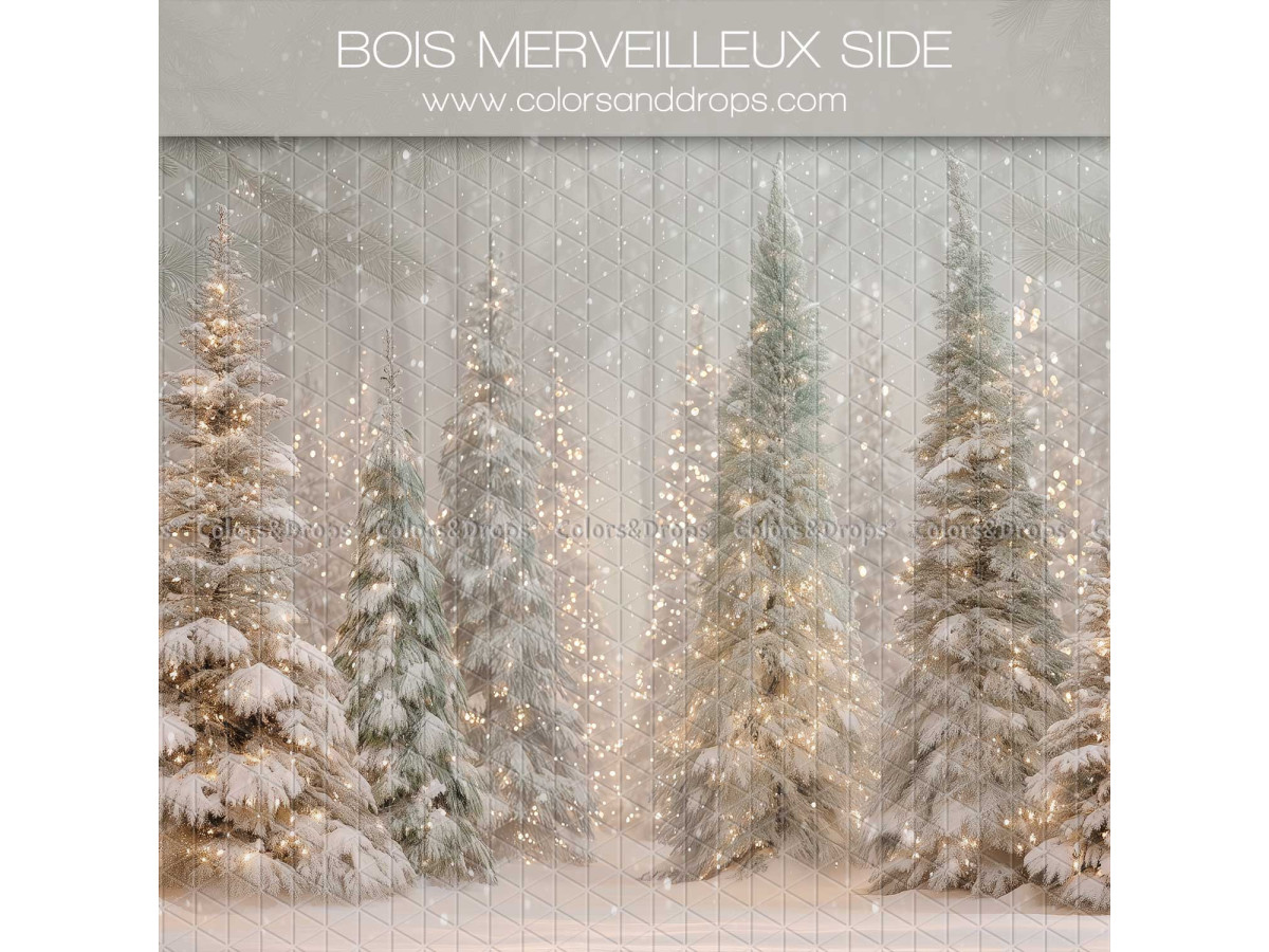 Fond photo latéral de Noël Bois Merveilleux Side – forêt de sapins enneigés illuminés | Colors&Drops