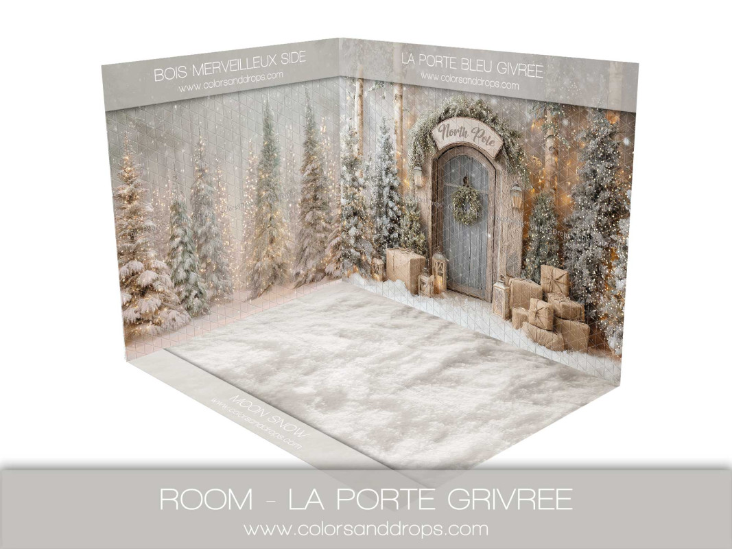 Fond photo d'angle de Noël La Porte Givree – porte givrée en forêt enneigée | Colors&Drops