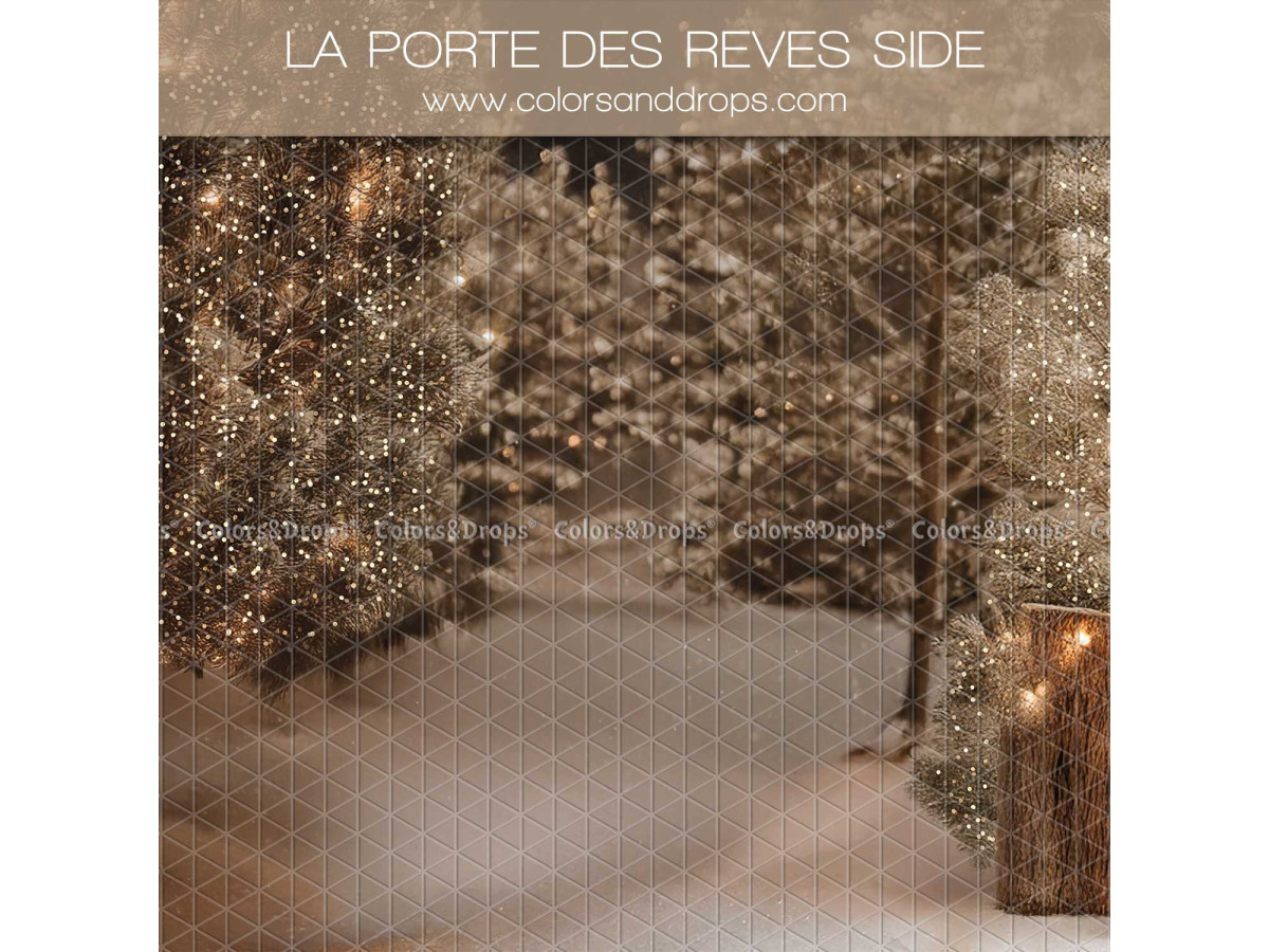 Fond photo latéral de Noël La Porte des Reves Side – chemin enneigé en forêt avec lumières dorées | Colors&Drops