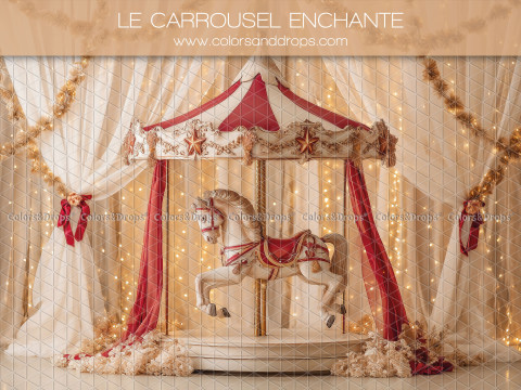 Fondo fotográfico de Navidad Le Carrousel Enchante – carrusel con caballo y cortinas crema | Colors&Drops