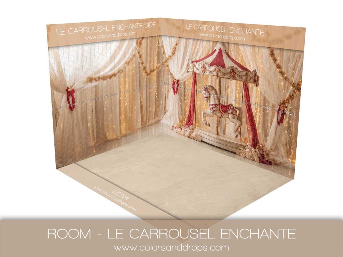 Fond photo d'angle de Noël Le Carrousel Enchante – carrousel et rideaux crème | Colors&Drops