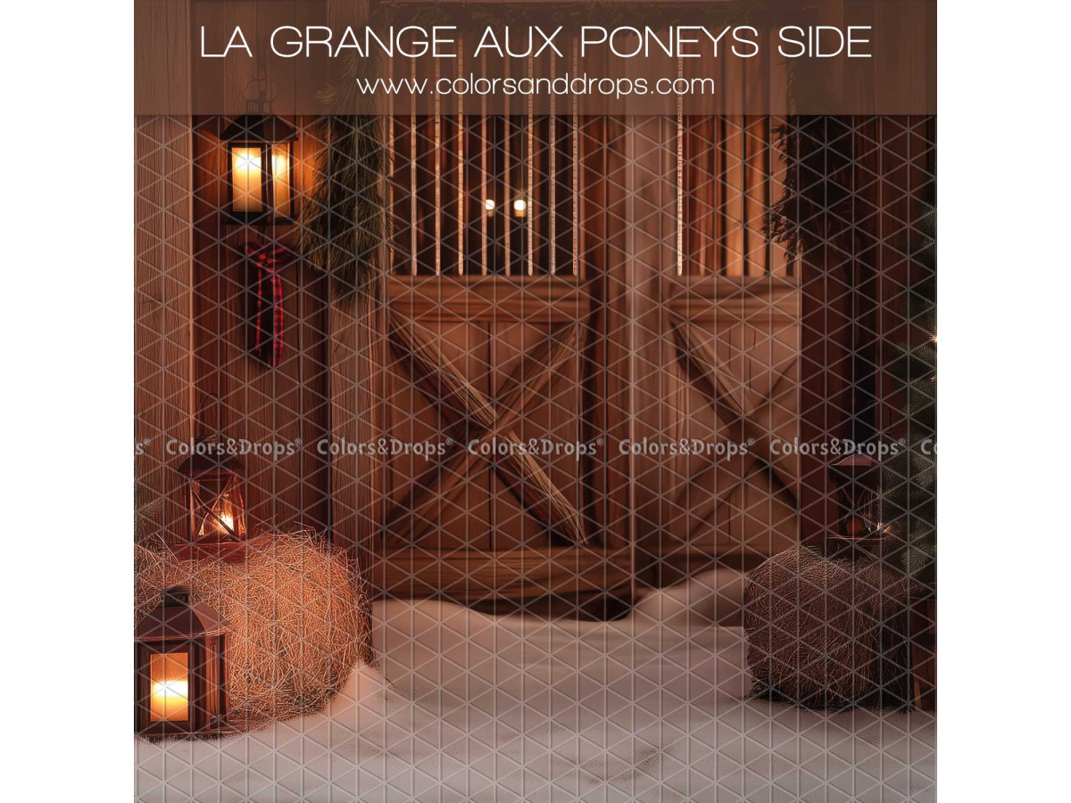 Fondo fotográfico lateral de Navidad La Grange aux Poneys Side – granero de madera con puertas y fardos de paja | Colors&Drops