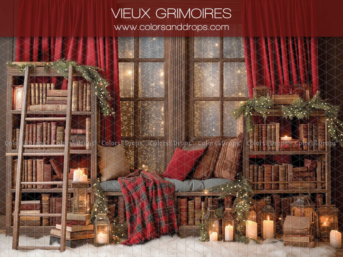 Fond photo de Noël Vieux Grimoires – bibliothèque de vieux livres avec banquette rouge | Colors&Drops