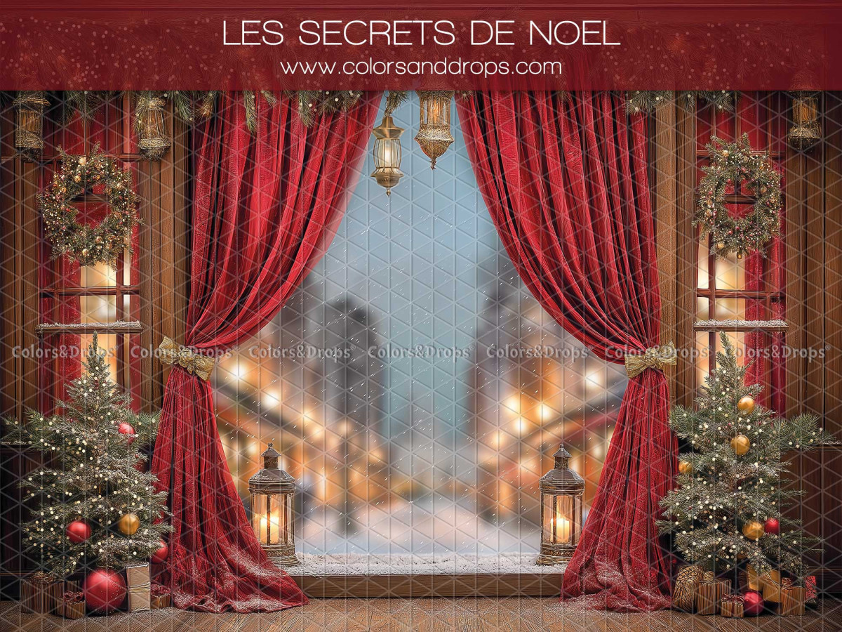 Photo backdrop Lessecretsdenoel – red curtains opening onto a snowy Christmas street | Colors&Drops