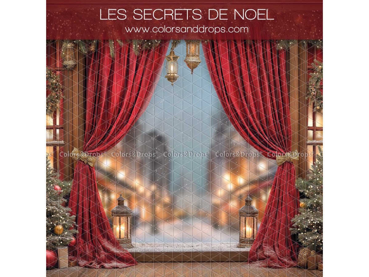 Fondo fotográfico lateral Les Secrets de Noel Side – cortinas rojas abiertas a una calle navideña nevada | Colors&Drops