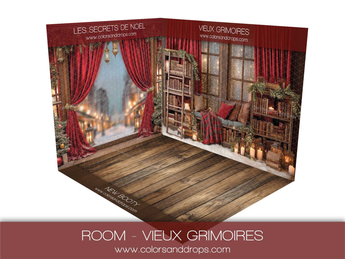 Fondo fotográfico de esquina de Navidad Vieux Grimoires – biblioteca y cortinas rojas | Colors&Drops