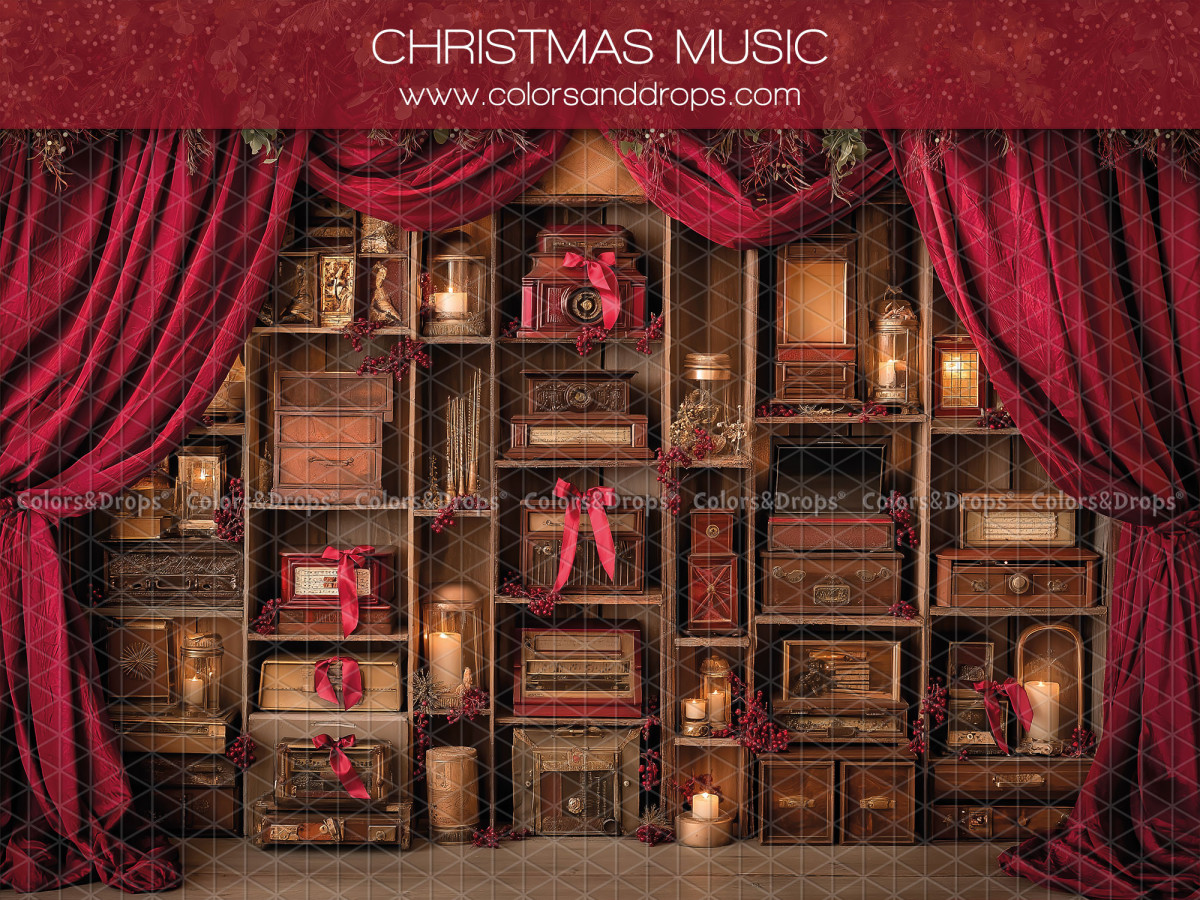Fond photo Christmas Music – étagères à cadeaux avec rideaux rouges | Colors&Drops