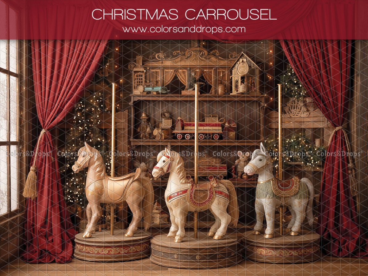 Fond photo Christmas Carrousel – carrousel de chevaux de bois avec rideaux rouges | Colors&Drops