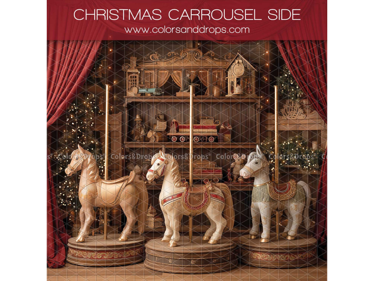 Fondo fotográfico lateral Christmas Carrouse Side – caballos de madera de carrusel y estanterías | Colors&Drops