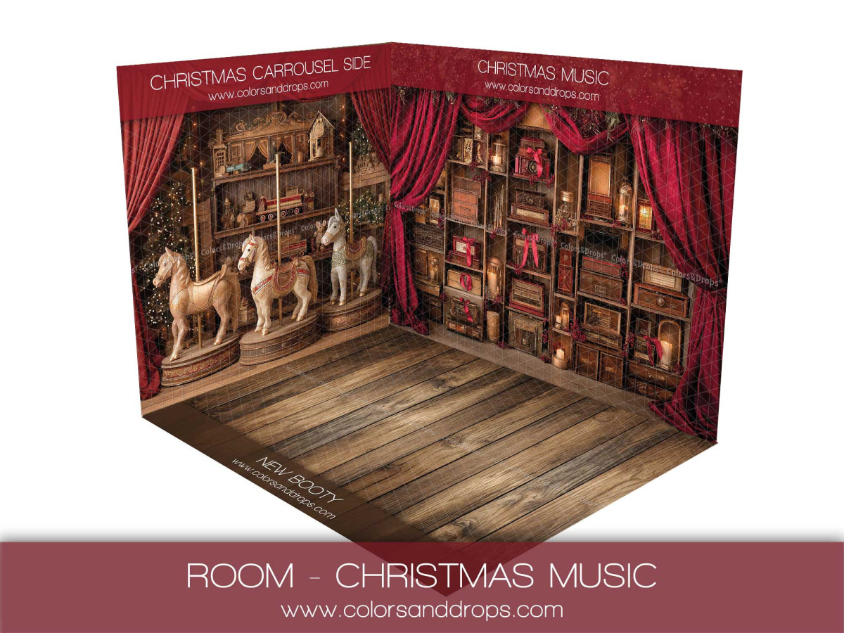 Fond photo d'angle Christmas Music – carrousel et étagères à cadeaux | Colors&Drops