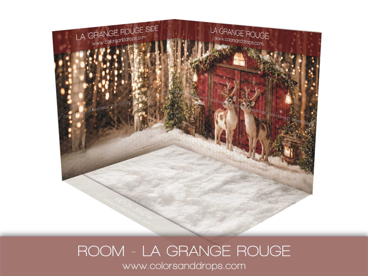 Fondo fotográfico de esquina de Navidad La Grange Rouge – granero rojo y renos | Colors&Drops