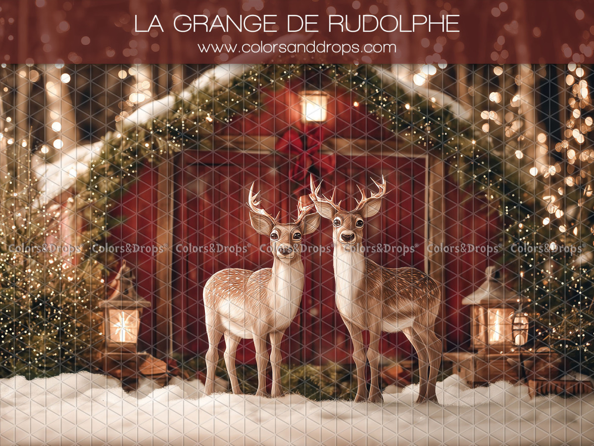 Christmas photo backdrop La Grange de Rudolphe – reindeer in front of a red barn with garland | Colors&Drops