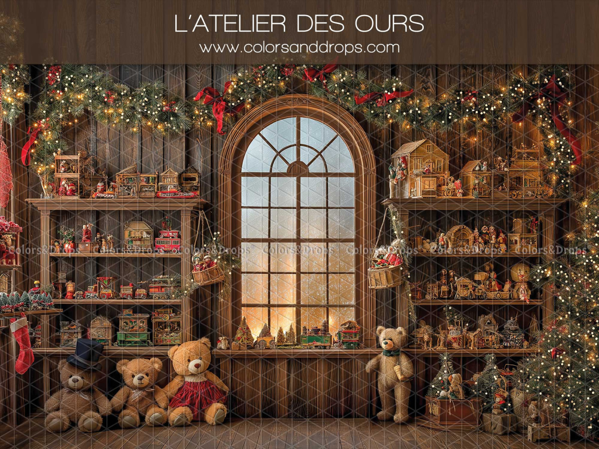Fondo fotográfico de Navidad L'Atelier des Ours – taller de osos con ventana arqueada y juguetes | Colors&Drops