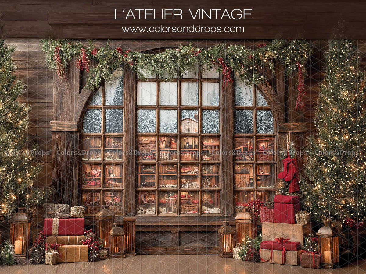 Fondo fotográfico de Navidad L'Atelier Vintage – taller vintage con gran ventanal y regalos | Colors&Drops