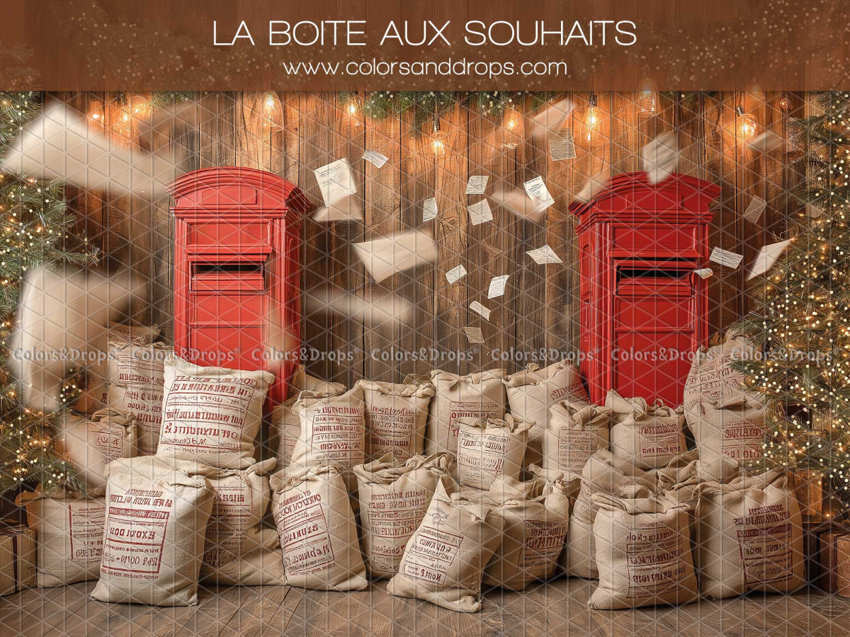 Fond photo de Noël La Boite aux Souhaits – boîtes aux lettres rouges avec sacs et lettres volantes | Colors&Drops
