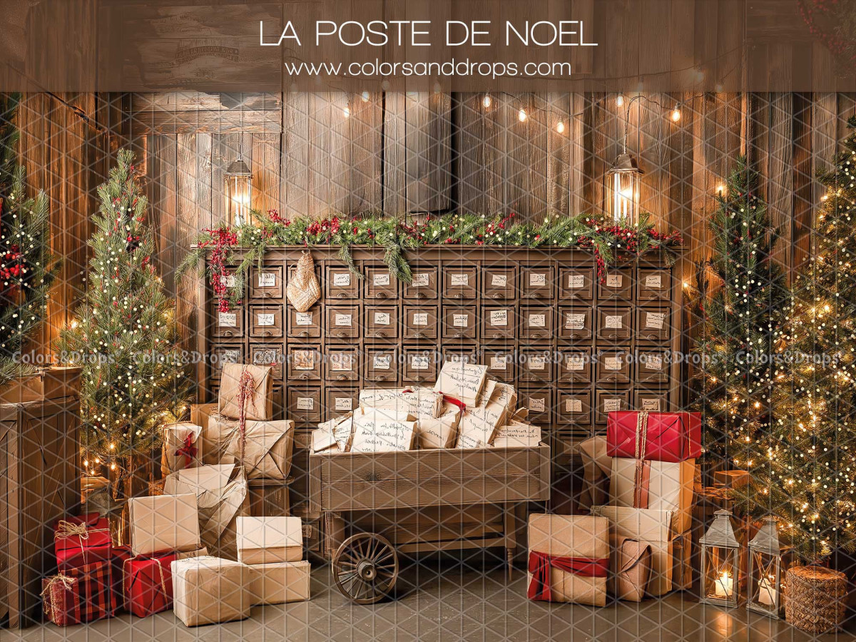 Fondo fotográfico La Poste de Noel – correos navideño con casilleros y carreta de paquetes | Colors&Drops