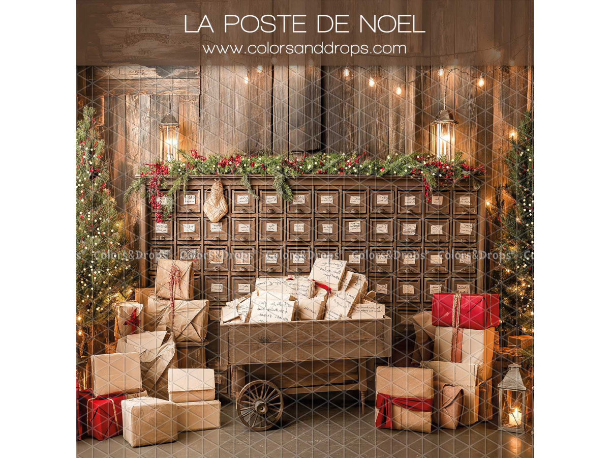 Fond photo latéral La Poste de Noel Side – poste de Noël avec casiers et charrette de colis | Colors&Drops