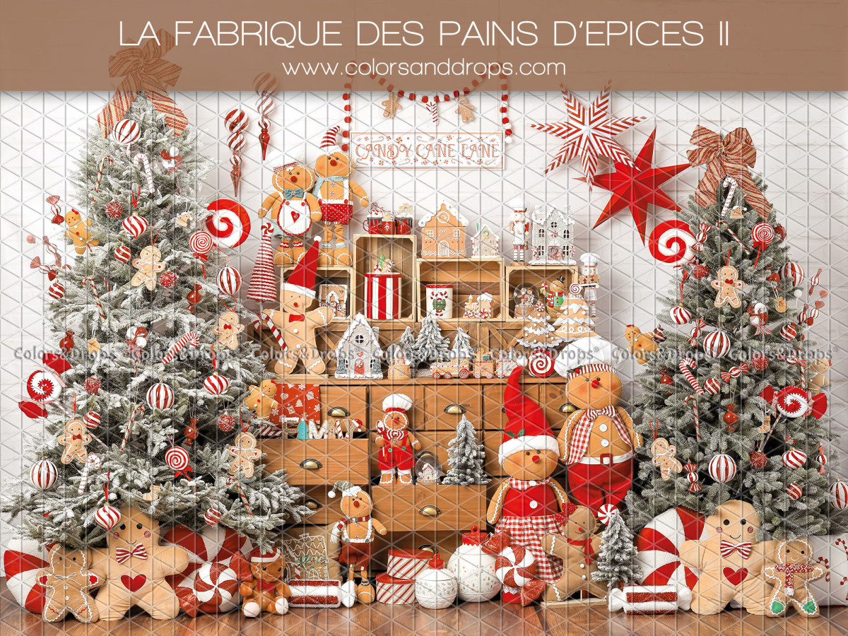 Fondo fotográfico de Navidad La Fabrique des Pains D'Epices II – fábrica de pan de jengibre con abetos y | Colors&Drops