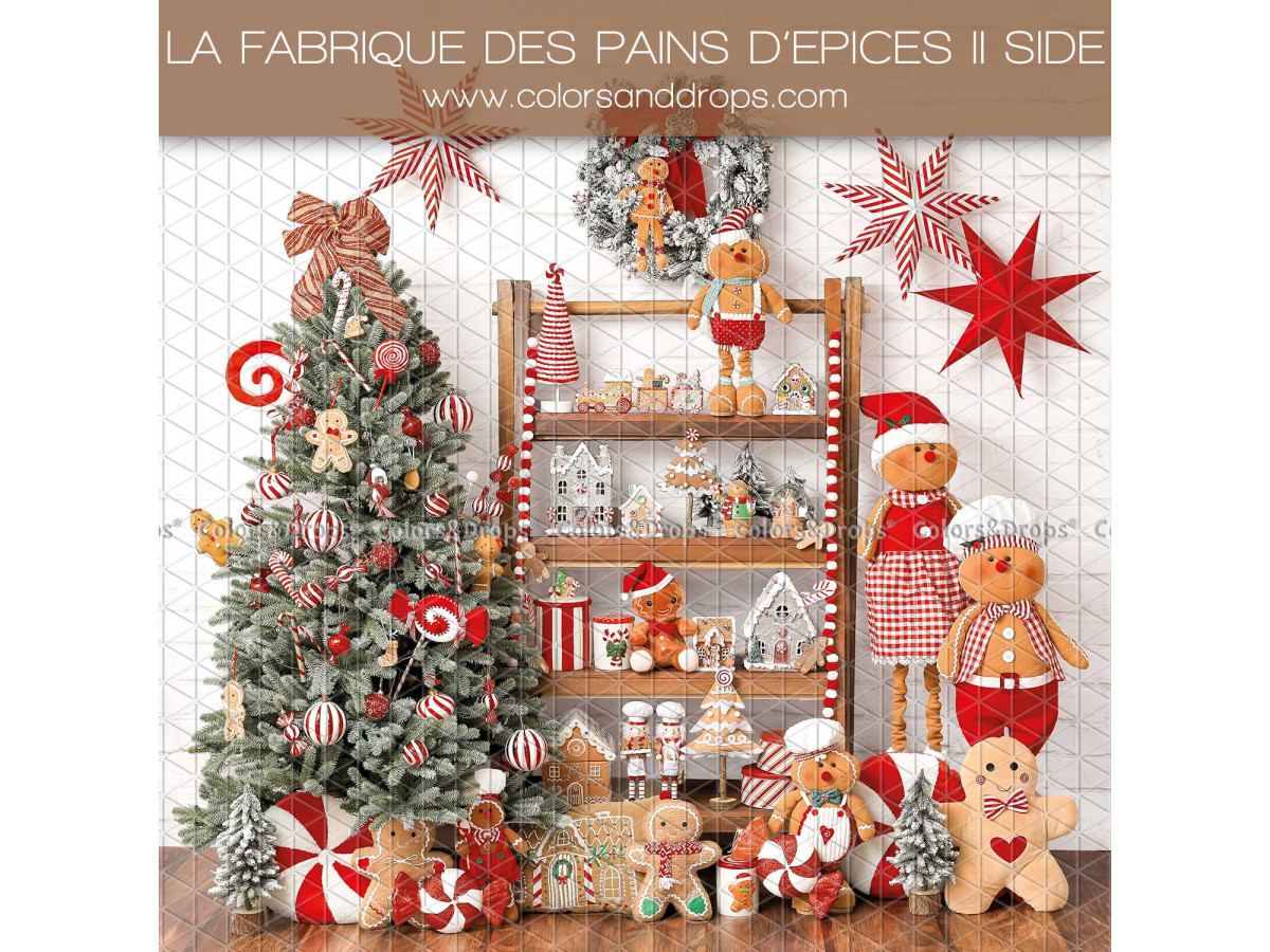 Fond photo latéral de Noël La Fabrique des Pains D'Epices II Side – étagère de pains d'épices et sapin enneigé | Colors&Drops