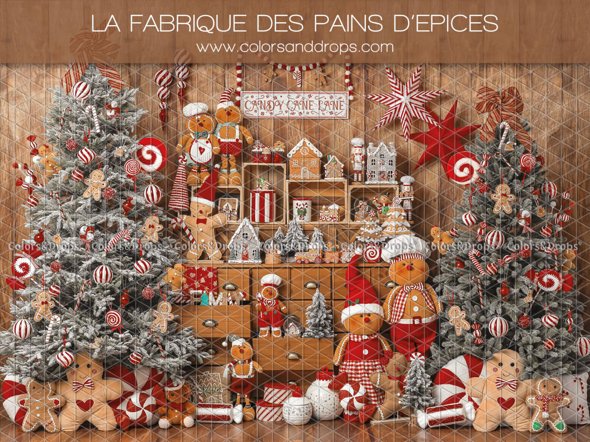 Fondo fotográfico de Navidad La Fabrique des Pains D'Epices – fábrica de pan de jengibre sobre pared de madera | Colors&Drops