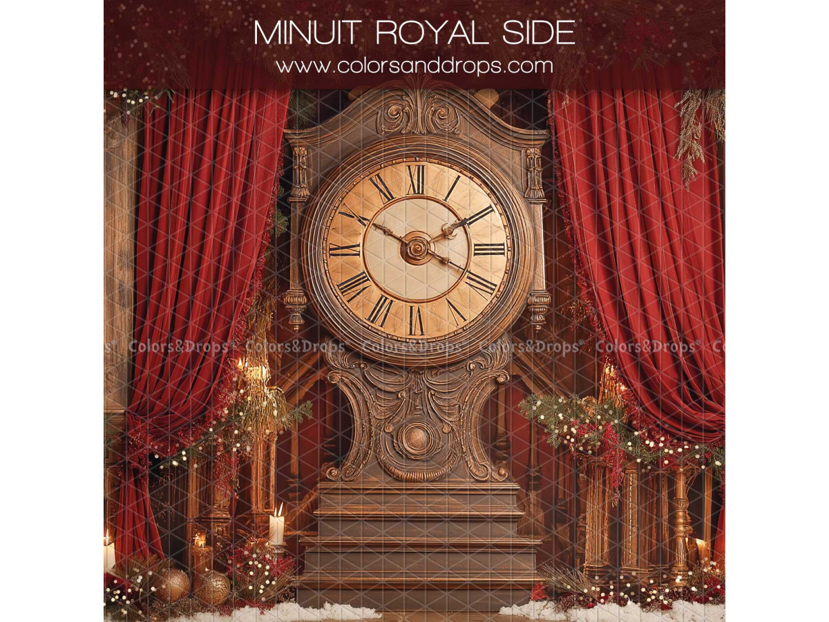 Fondo fotográfico lateral de Navidad Minuit Royal Side – gran reloj de madera con cortinas rojas | Colors&Drops