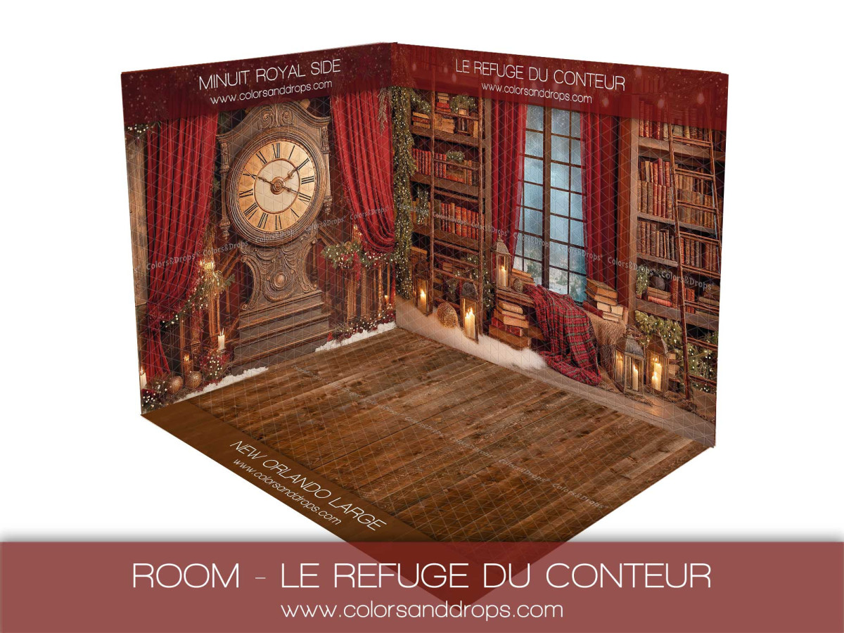 Christmas corner photo backdrop Le Refuge du Conteur – library with clock | Colors&Drops